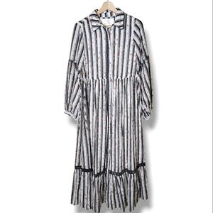 Anthropologie XS Shirt Dress Cotton Silk Blend | Boho Eclectic Striped Maxi
